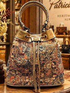 Patricia Nash Metallic Gold Tapestry Drawstring Bucket Bag